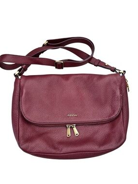 FOSSIL Preston Burgundy Leather Pocket Flap Expandable Crossbody Bag EUC